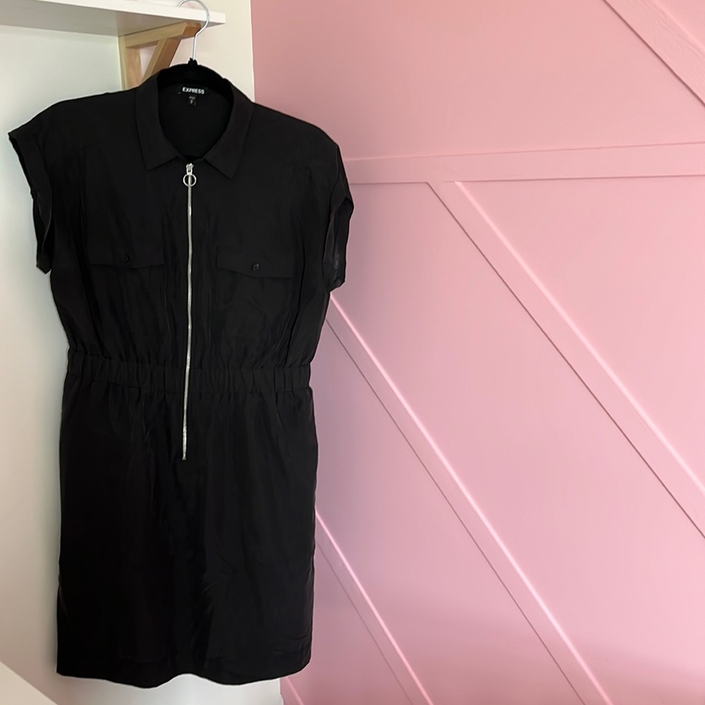 Black knee length zipper front dress with collar